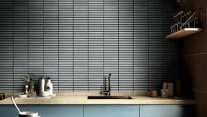 Sleek modern kitchen with blue cabinets, marble countertop, black tile backsplash, and minimalist decor perfect for contemporary home renovation and building projects.