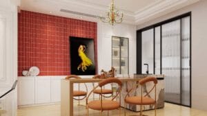 Modern kitchen interior with red tiled accent wall, marble island, stylish dining chairs, and sleek black sliding door, showcasing contemporary home design and interior decor ideas.