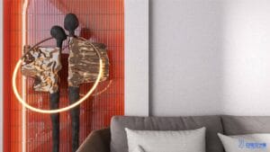 Modern black and gold sculpture with a circular LED light accent, displayed against a stylish red tiled wall at Builders Warehouse Online.