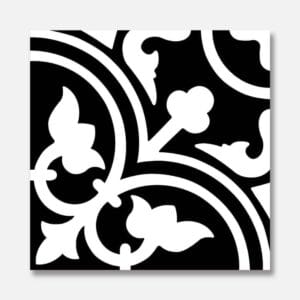 Intricate black and white decorative tile pattern, suitable for interior home decor and flooring design, offering a stylish and timeless look.