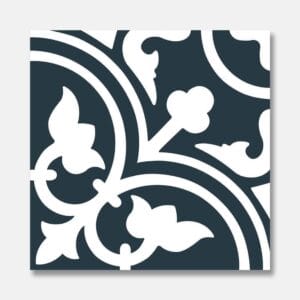 Intricate black and white decorative tile with floral and geometric patterns, ideal for bathroom and kitchen flooring or wall decor. Perfect for adding stylish detail to home renovation projects.
