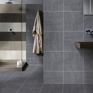 Tile Samples 32 Modern gray ceramic bathroom tiles with sleek design and grout lines.
