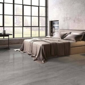 Tile Samples 25 Luxurious modern bedroom with large industrial-style window, minimalist decor, neutral tones, and elegant bedding, perfect for contemporary home interior design.