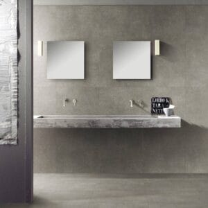 Modern bathroom vanity with two square mirrors and concrete sink, contemporary interior design, minimalistic fixture, wall-mounted bathroom storage, sleek and stylish bathroom decor.