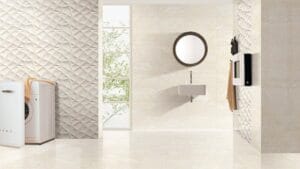 Modern minimalist bathroom design with textured wall tiles, wall-mounted sink, round mirror, and large window with natural light, perfect for contemporary home renovation.