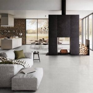 Tile Samples 27 Modern living room with contemporary fireplace, open-plan kitchen, and dining area, featuring large windows and minimalist decor, perfect for stylish home renovation and DIY projects.