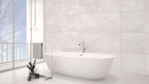 Modern freestanding bathtub in minimalist bathroom with large windows, neutral wall tiles, and elegant fixtures. Perfect for relaxing bath experience in contemporary home design.