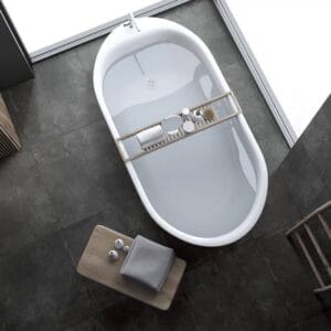 Tile Samples 35 Modern freestanding bathtub with sleek design, bath caddy and bath essentials, perfect for stylish bathroom renovations, featuring high-quality materials for durability and comfort.