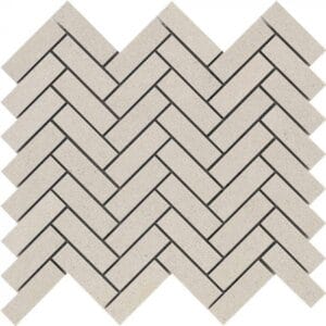 White herringbone tile with black grout lines for contemporary bathroom and kitchen designs.