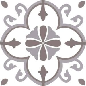 Ceramic tile with intricate gray and white floral design, perfect for bathroom and kitchen floors or walls, enhancing home decor with durable, stylish patterns.