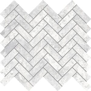 White marble herringbone tile for bathroom or kitchen backsplash, wall, or flooring design. Versatile light-colored tile with subtle veining perfect for renovation projects.