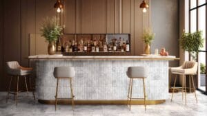 Luxurious home bar with marble countertops, modern seating, and elegant decor, perfect for stylish entertainment and relaxation.