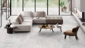 Smooth light gray tile flooring used in modern residential and commercial interiors for a sleek, durable, and stylish flooring solution.