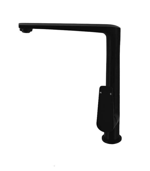 Black modern kitchen faucet with single handle and sleek design, ideal for bathroom or kitchen renovation projects. Perfect for professional builders and DIY home improvement needs.
