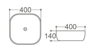 Square bathroom sink with dimensions 400mm x 400mm, including side profile showcasing height and depth, ideal for modern home renovations.