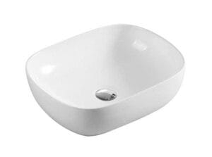 White ceramic bathroom sink with modern oval design, ideal for home renovation or refurbishment projects.