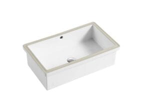 White ceramic kitchen sink with beige trim, built-in overflow and drain, suitable for modern kitchen renovations. Durable and easy to clean, perfect for residential and commercial use.