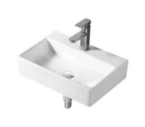 Modern white ceramic bathroom sink with sleek chrome faucet, ideal for home renovation, bathroom upgrades, and plumbing fixtures. Perfect for contemporary bathroom designs.