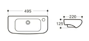 Sink basin technical drawing with dimensions, ideal for bathroom or kitchen renovation projects from Builders Warehouse Online. Suitable for quality plumbing fixtures and home improvement needs.