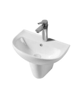 Ceramic wall-mounted bathroom basin with chrome tap, ideal for small bathrooms or powder rooms. Crafted for durability, easy to install, and perfect for modern plumbing fixtures.