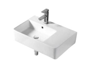 Modern white bathroom sink with chrome faucet, ideal for home renovations and bathroom upgrades.