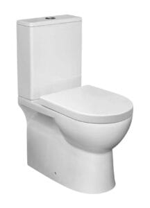 Sleek white dual-flush toilet with modern design, ideal for bathroom renovations and plumbing supplies. Perfect for home improvement projects, with easy installation and water-saving features.
