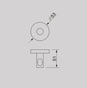 1. A technical drawing of a small metal component with a 53mm diameter top view and a 51mm height side view, used in construction or hardware applications.