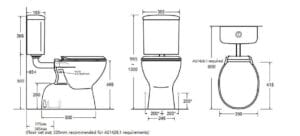 Toilet and sink plumbing fixture dimensional drawing for bathroom renovation, showing height, width, and depth measurements. Ideal for builders, plumbers, and homeowners planning bathroom remodels.