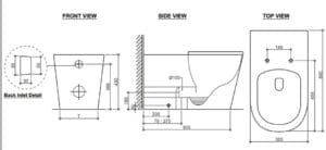 Back inlet toilet CAD drawing with front, side, and top views, including detailed measurements for bathroom plumbing fixtures.