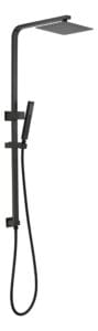 Modern black outdoor shower with rainfall head and handheld spray for garden or pool area. Durable and stylish design perfect for outdoor use and easy to install.