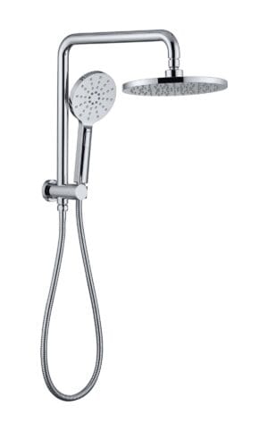 Showerhead with handheld spray and rainfall head, chrome finish, ideal for bathroom upgrades and renovation projects.