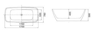 Rectangular bathtub technical drawing with dimensions for bathroom renovation, featuring installation details, design specifications, and size options for home improvement projects.