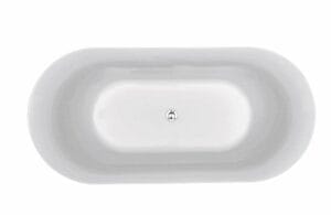 Sleek white oval freestanding bathtub for modern bathroom renovation and home spa relaxation. Durable acrylic construction with smooth finish for comfort and style. Perfect for luxury bath spaces.