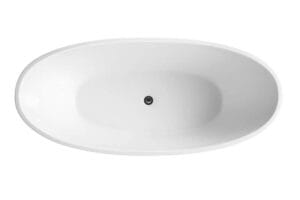 Modern white oval freestanding bathtub for bathroom renovation and plumbing supplies, ideal for home improvement projects.