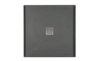 Dark gray shower tray with a central stainless steel drain, ideal for bathroom renovation projects, durable and easy to clean.