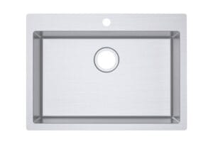 Stainless steel kitchen sink with drain hole, modern design, ideal for home improvement and construction projects.