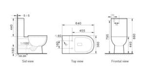 Ceramic toilet with detailed technical drawings, including side, top, and frontal views, dimensions for bathroom renovation, plumbing installation, and modern bathroom fixtures.