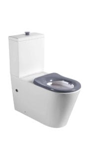 Toilet with grey seat and dual flush cistern, ideal for bathroom renovations or new builds. Durable ceramic construction, water-saving features, and sleek modern design perfect for home improvement projects.