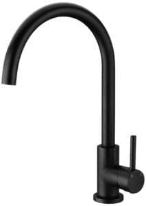 Black kitchen sink faucet with modern design and single handle control, ideal for home renovation and kitchen upgrade.