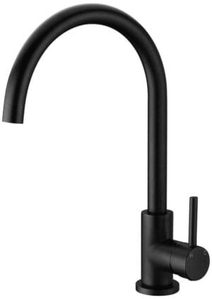 Black kitchen sink faucet with modern design and single handle control, ideal for home renovation and kitchen upgrade.