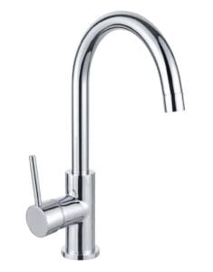 Chrome kitchen sink faucet with high-arc spout and single lever handle, ideal for modern kitchen renovations.