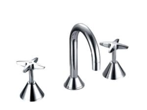 Chrome kitchen sink tap with dual handles, modern fixture for home renovation, high-quality plumbing accessories.