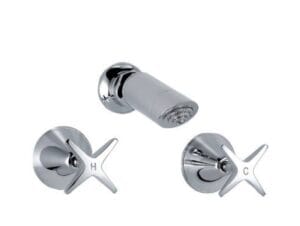 Chrome bathroom faucet handles and spout, modern plumbing fixtures, high-quality plumbing hardware for homes and renovations.