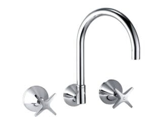 Brushed chrome kitchen sink faucet with dual handle taps, modern design, & easy control. Ideal for home renovation or upgrade projects. Perfect for kitchen or laundry room needs.