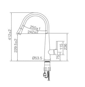 High-arc kitchen faucet technical drawing with precise measurements for installation, featuring a 250mm spout reach and easy-to-use single handle. Ideal for modern kitchens.