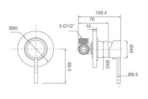 80mm plumbing fixture detailed technical drawing with measurements for construction and plumbing installation.