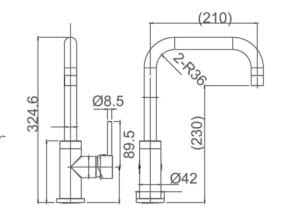 Faucet technical drawing with dimensions for plumbing installation, ideal for bathroom or kitchen renovation projects. Accurate measurements ensure proper fit and ease of installation.