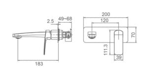 Schematic drawing of a plumbing tap with detailed measurements for bathroom or kitchen installation.