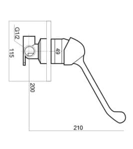 Manufactured product technical drawing with detailed measurements for plumbing installation and hardware components.
