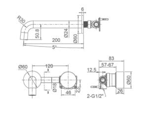 Flexible kitchen faucet with detailed technical specifications, ideal for plumbing installations, featuring dimensions, mounting details, and connection sizes for quality kitchen upgrades.